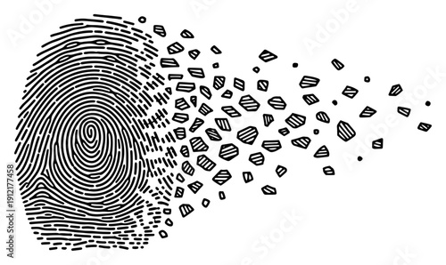 Human fingerprint disintegrating into scattered particles in vintage engraving style