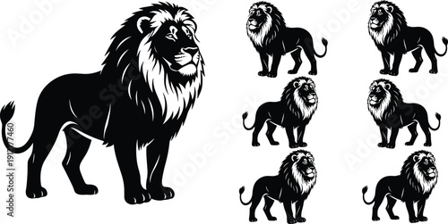Black lion silhouette standing with mane and roaring head set isolated on white for mascot and wildlife logo design.
