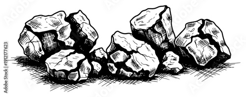 Vintage style hand drawn illustration of a group of broken stones and boulders