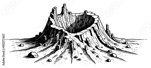 Hand drawn engraving of a volcanic crater or hollowed rocky mountain peak