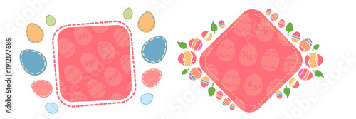 Pink Happy Easter day speech bubble with color eggs. Holy Easter day banner, poster, social media post layout, quiz backdrop, square banner design template set. abstract blue shape with eggs
