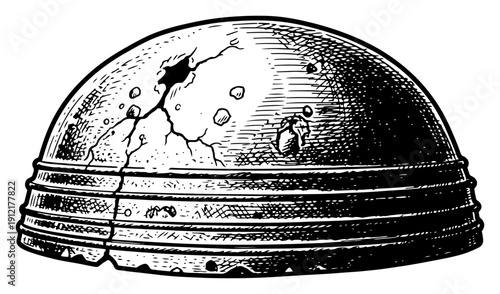 Detailed vintage sketch of a damaged metal dome or industrial component