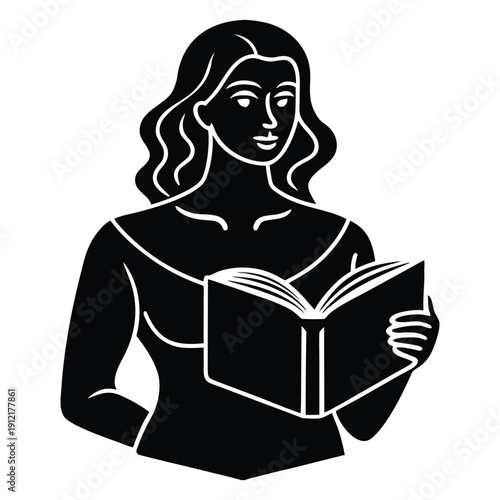 A woman reading a book in a simple black and white illustration