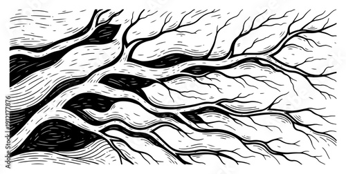 Detailed organic pattern of branching tree roots and veins in vintage woodcut style