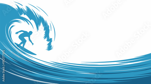 Dynamic blue vector illustration of a male surfer silhouette riding a massive curling ocean wave on a white background