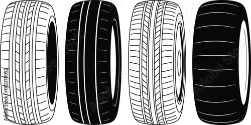 Car tire tread variations set including racing slick and patterned wheels, detailed automotive vector illustration isolated on white background