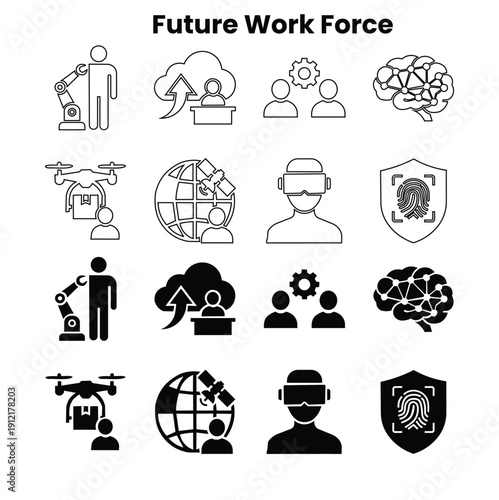 Future Workforce and Industry 4.0 Icon Set. Automation, AI Brain, VR Headset, and Biometric Security Vector Symbols.