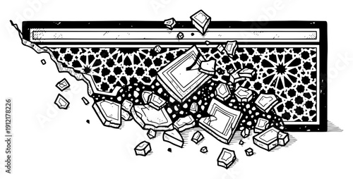 Detailed engraving of broken geometric tiles and architectural masonry fragments
