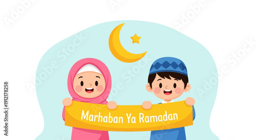Happy Muslim Children Holding Marhaban Ya Ramadan Banner Crescent Moon and Star Above Welcoming Holy Month of Islam
