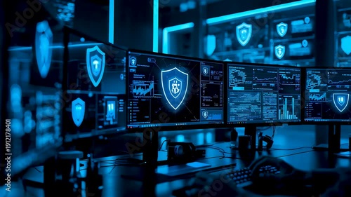 Multiple Computer Monitors Displaying Security Shields and Data Dashboards in Blue Lit Cyber Operations Control Room