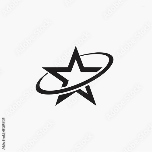 Dynamic top-down view of a centered black star with a curved line wrapping around it in a minimalist graphic on white space