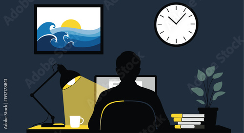 Silhouette of man working late night at desk with computer and lamp showing overtime work and study concept illustration.