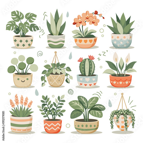 Set of vector illustration of home plants in pots. Simple concept in scandinavian style of interion decoration for cards, icons, stickers