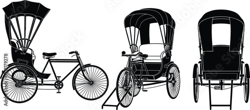Collection of traditional cycle rickshaw silhouettes with front side and back views isolated on white for asian transportation design.