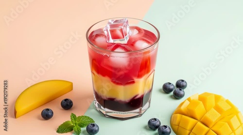 Refreshing layered fruit cocktail being poured with ice and garnished with fresh mango slices and blueberries on a pastel colored background for summer drinks