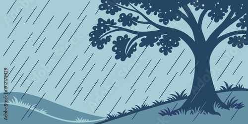A tree stands alone in the rain on a hill Vector