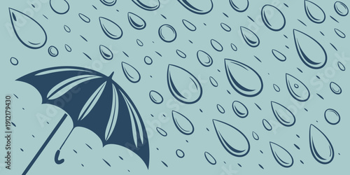 A blue illustration of an umbrella on a rainy day Vector
