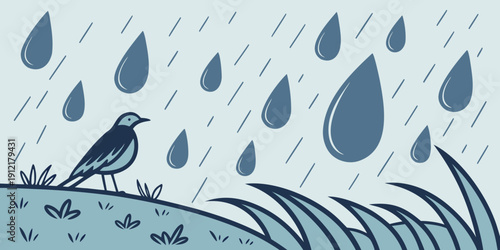 A bird standing on a hill on a rainy day Vector