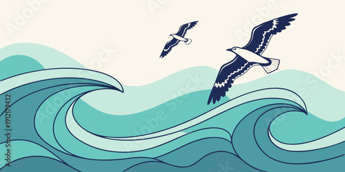 Seagulls flying over a large ocean wave Vector