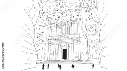 Architectural sketch of a grand cathedral-like facade with arches, towers, and visitors.