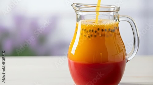 Refreshing layered passion fruit juice being poured into a glass pitcher on a light wooden table with blurred flowers in the background evoking summer and healthy living