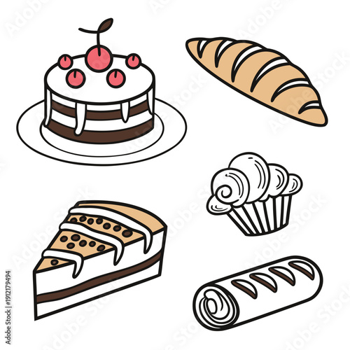 A variety of sweet and savory baked goods Vector