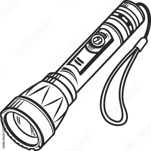 A black and white drawing of a flashlight