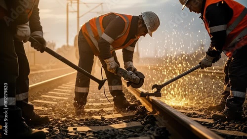 Railway construction workers cutting steel track with angle grinder