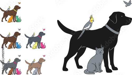 Adorable vector illustration of dog cat and bird friends sitting together portraying pet friendship and veterinary care concepts in flat style.