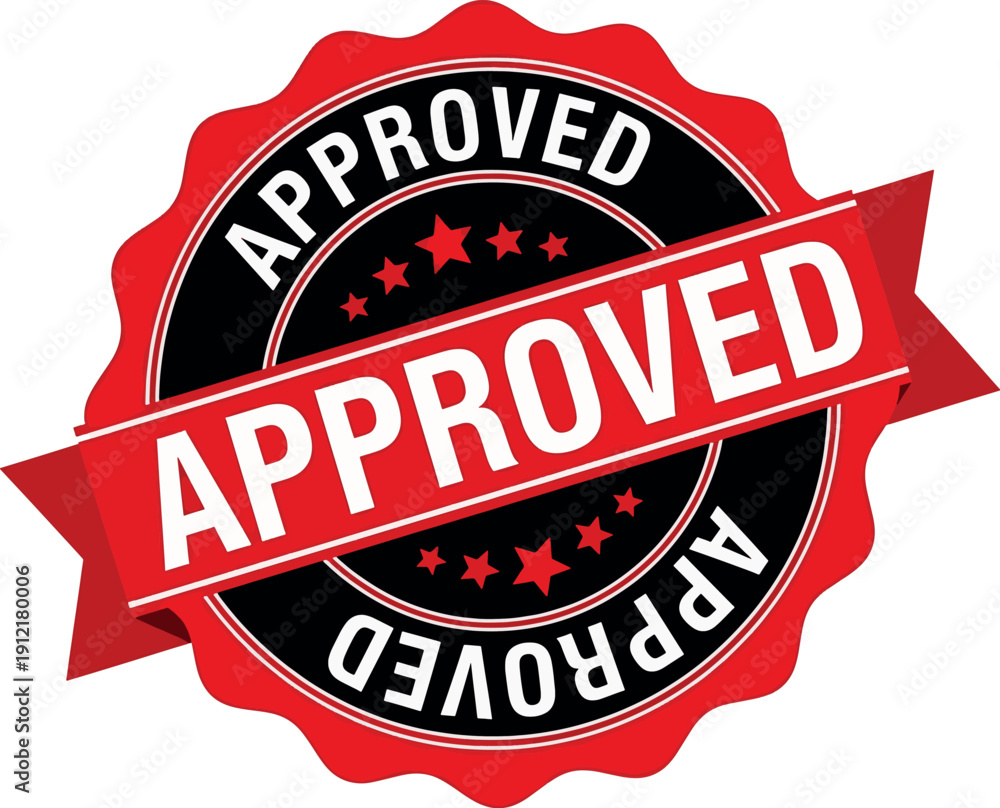 Obraz premium Approved Badge Vector Icon – Red Ribbon on Black Seal with Stars