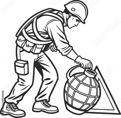 A man in safety gear lifting a large globe