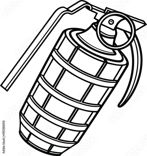 A black and white drawing of a grenade