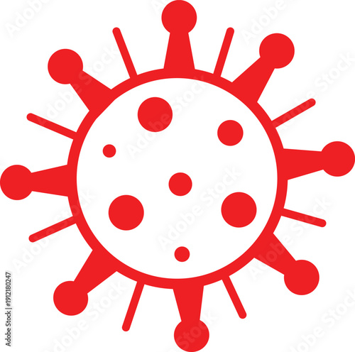 Red virus particle with spikes and circular dots on white background coronavirus