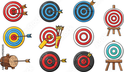 Archery Target Illustration Set with Arrows Hitting Bullseye for Accuracy, Aim, Training, Competition, and Goal Achievement Concepts