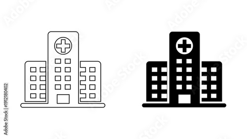 Hospital Building Icon for Healthcare Infrastructure and Medical Services, Clinical Center Architecture Vector Illustration in Minimalist Outline and Glyph Style