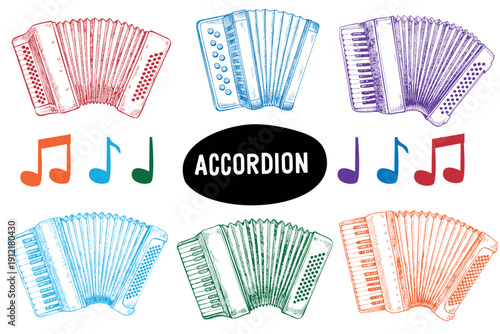 Set of colorful accordion illustrations with musical notes, playful vector collection.