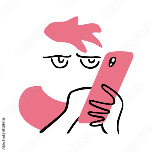 Surprised cartoon eyes reacting to smartphone screen in sketch style