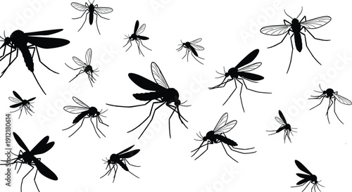 Set of flying mosquito silhouettes representing malaria and dengue fever virus transmission risks and pest control concepts on white background.