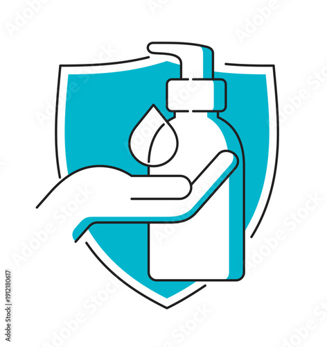 Hand sanitizer icon - bottle and hand, thin line and shield on background