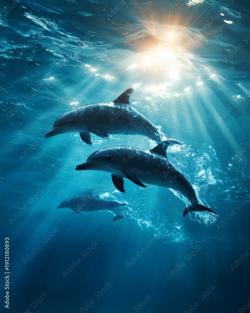 Obraz premium Dolphins swimming underwater with sunlight rays in clear blue ocean nature scene