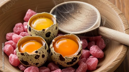Three vibrant quail eggs nestled amongst pink candy hearts in a rustic wooden bowl with a spoon showcasing a whimsical and delicious food arrangement for culinary concepts
