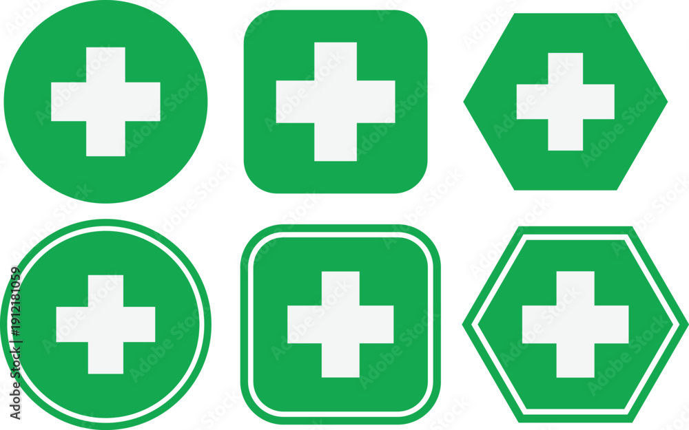 Obraz premium Six green first aid cross symbols in various shapes white circle
