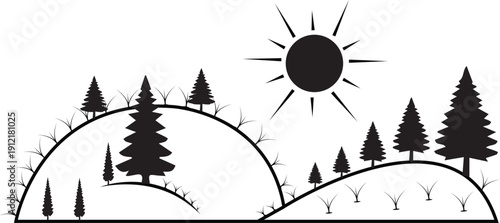 Forest Silhouette on Mountain Hills.