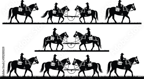 Black silhouettes of cowboys riding horses arranged in rows showing western culture and ranch life style on white background design.