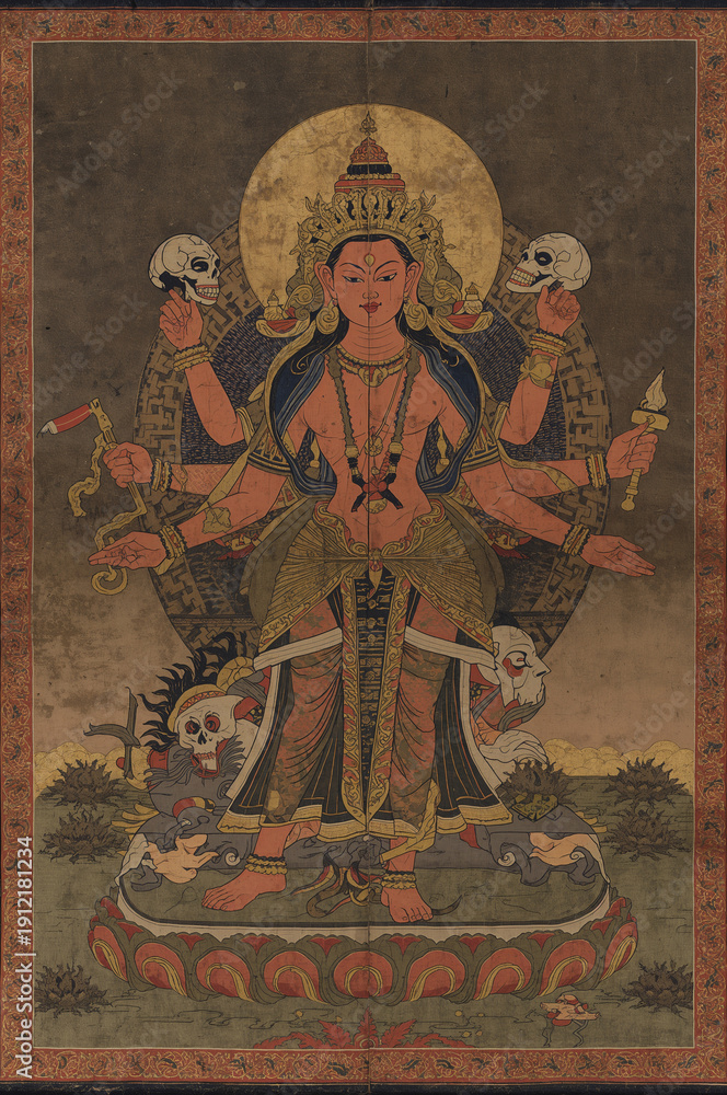 Obraz premium Ancient Vintage Thangka of Goddess Kali - Worn Silk Texture
