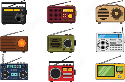 Retro Radio and Portable Audio Device Illustration Set with Vintage AM FM Receivers, Cassette Style Designs, and Classic Electronics