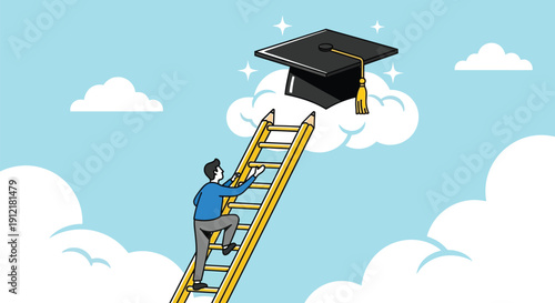 Man climbing ladder made of yellow pencils to graduation cap