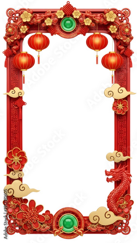 Vibrant Chinese New Year frame with traditional red lanterns, auspicious clouds, and a majestic dragon symbolizing good fortune and celebration