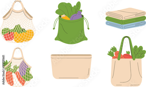 Collection of reusable eco friendly shopping bags including mesh sacks and cotton totes with vegetables isolated on white background.