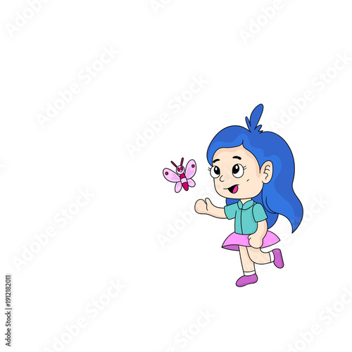 Cute cartoon girl happily playing with butterfly, representing childhood joy, innocence, imagination, and playful creativity.